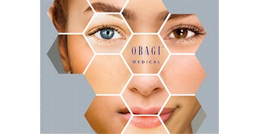 Woman's face in geometric pattern with Obagi Medical logo